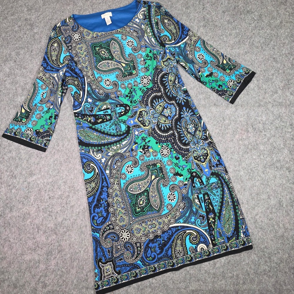 Chico's Paisley Shift Dress Blue Green 3/4 Sleeve Scoop Neck Stretch Medium 1